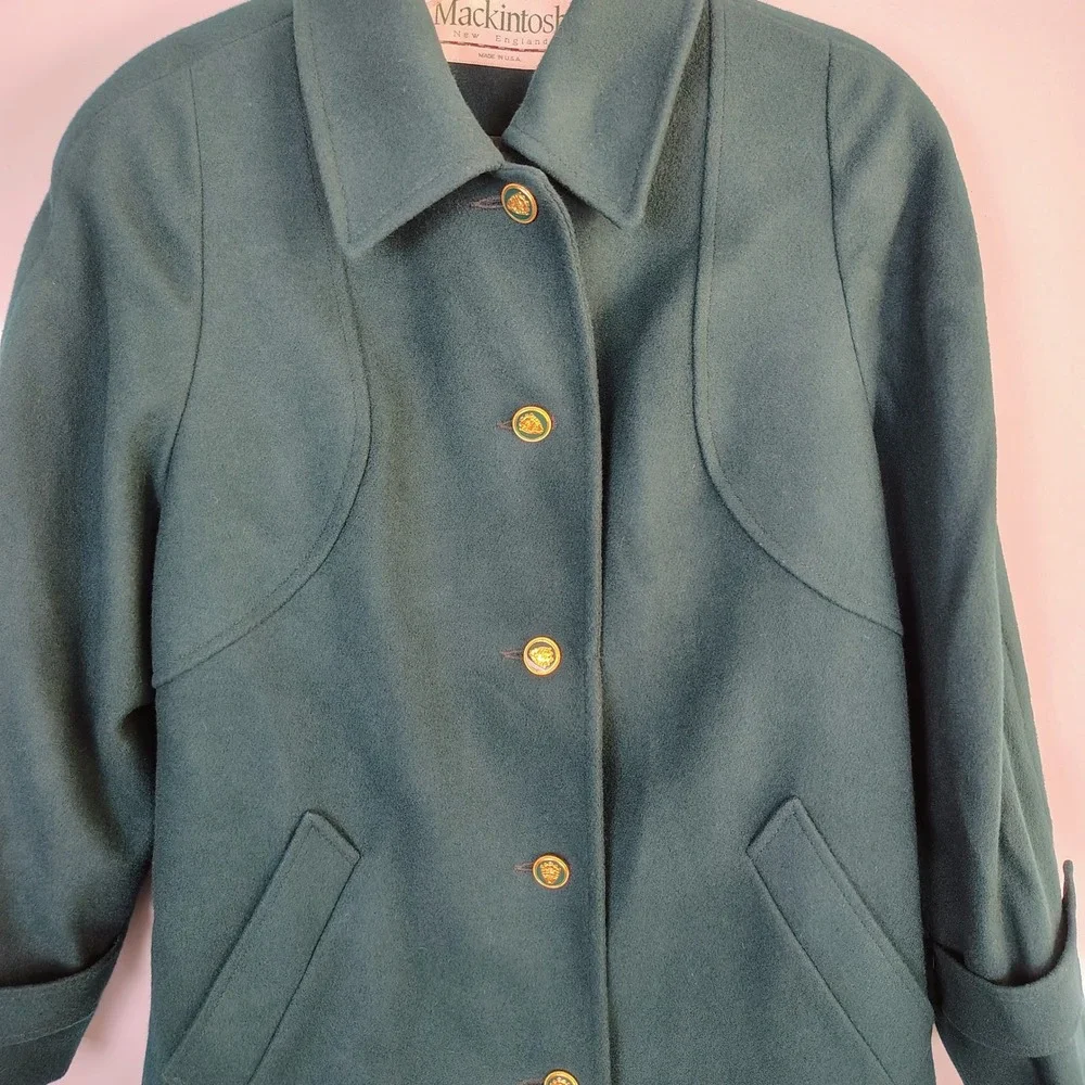 Mackintosh New England Vintage Wool Car Coat Teal Green Gold Crest Buttons Sz 12